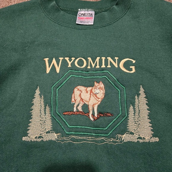 Vintage 90s Nature Wolf Sweatshirt Mens XL Embroidered Green Oneita Made in USA - Picture 2 of 6
